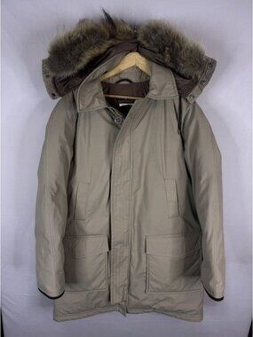 Vintage HBC Baycrest Tan Down Filled Hooded Parka Coat Fur Trim Mens Size 42